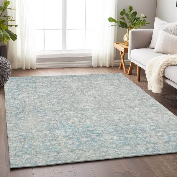 HomeRoots 5' Aqua Damask Indoor Outdoor Area Rug - Stylish, Durable, Washable, Perfect for Any Space! 10' X 14' 607679