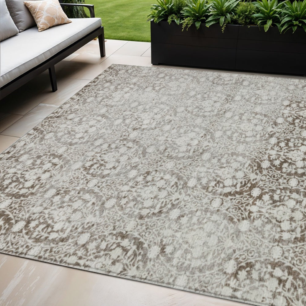 HomeRoots 5' Chocolate Damask Area Rug - Elegant Washable Indoor/Outdoor Rug for High-Traffic Spaces 5' X 8' 607687