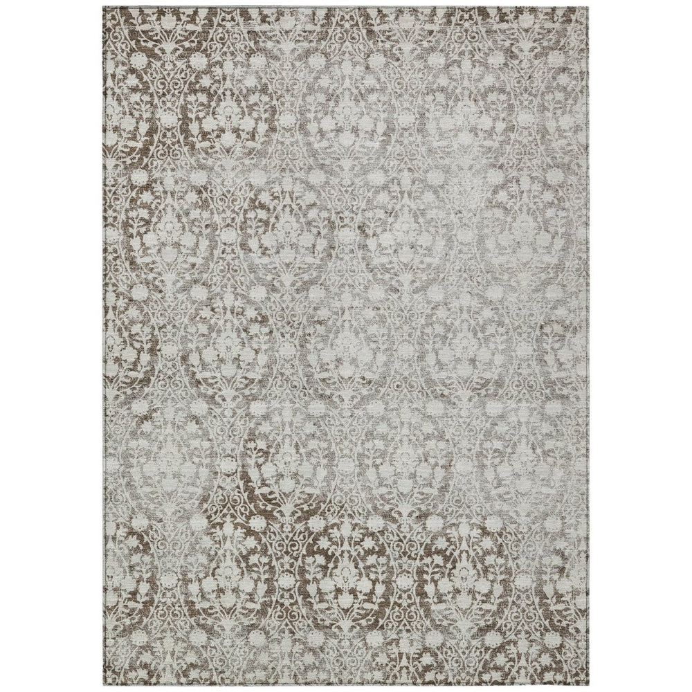 HomeRoots 5' Chocolate Damask Area Rug - Elegant Washable Indoor/Outdoor Rug for High-Traffic Spaces 5' X 8' 607687