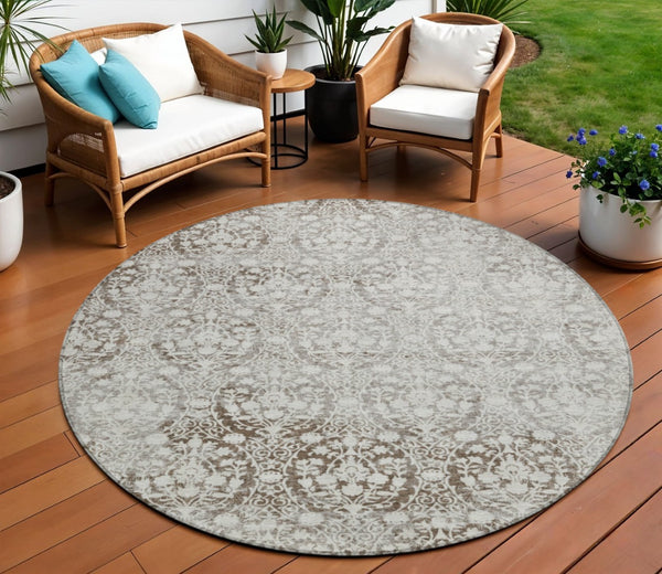 HomeRoots 5' Chocolate Damask Area Rug - Elegant Washable Indoor/Outdoor Rug for High-Traffic Spaces 8' Round 607688