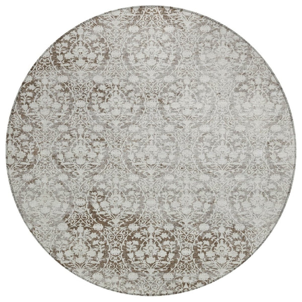 HomeRoots 5' Chocolate Damask Area Rug - Elegant Washable Indoor/Outdoor Rug for High-Traffic Spaces 8' Round 607688