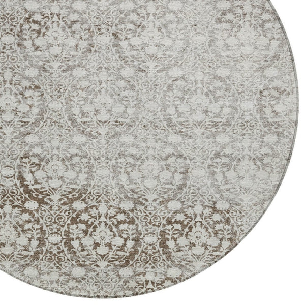 HomeRoots 5' Chocolate Damask Area Rug - Elegant Washable Indoor/Outdoor Rug for High-Traffic Spaces 8' Round 607688
