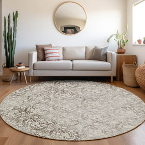 HomeRoots 5' Chocolate Damask Area Rug - Elegant Washable Indoor/Outdoor Rug for High-Traffic Spaces 8' Round 607688