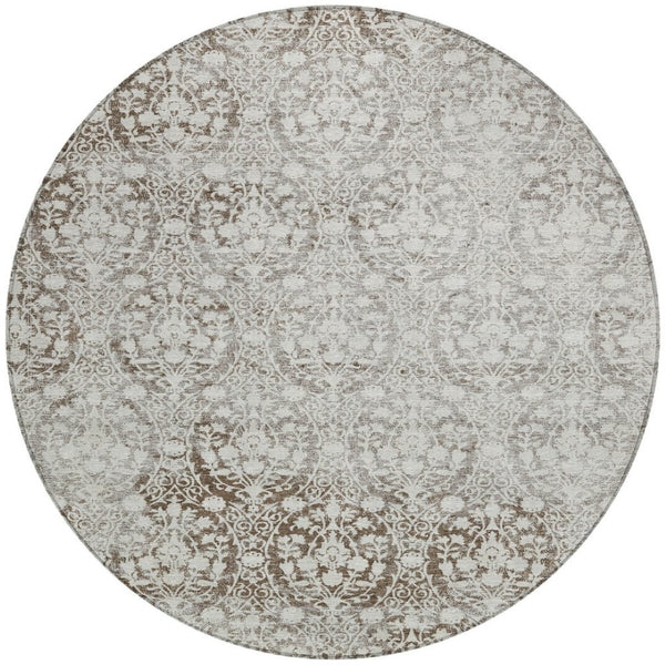 HomeRoots 5' Chocolate Damask Area Rug - Elegant Washable Indoor/Outdoor Rug for High-Traffic Spaces 8' Round 607688
