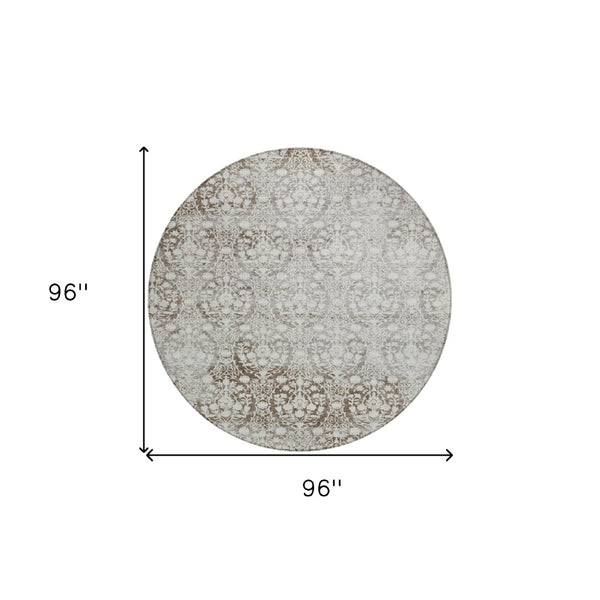 HomeRoots 5' Chocolate Damask Area Rug - Elegant Washable Indoor/Outdoor Rug for High-Traffic Spaces 8' Round 607688