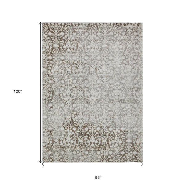 HomeRoots 5' Chocolate Damask Area Rug - Elegant Washable Indoor/Outdoor Rug for High-Traffic Spaces 8' X 10' 607689