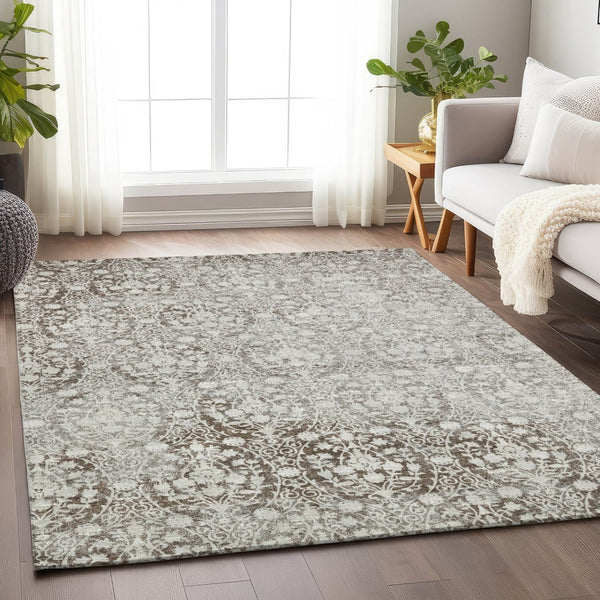 HomeRoots 5' Chocolate Damask Area Rug - Elegant Washable Indoor/Outdoor Rug for High-Traffic Spaces 10' X 14' 607691