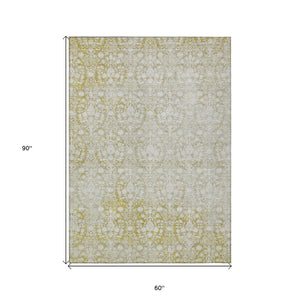 HomeRoots 5' Gold Damask Area Rug – Elegant, Durable, Machine Washable Design for Indoor and Outdoor Spaces 5' X 8' 607699