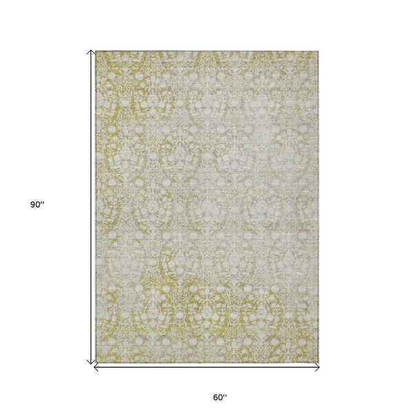 HomeRoots 5' Gold Damask Area Rug – Elegant, Durable, Machine Washable Design for Indoor and Outdoor Spaces 5' X 8' 607699