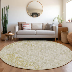 HomeRoots 5' Gold Damask Area Rug – Elegant, Durable, Machine Washable Design for Indoor and Outdoor Spaces 8' Round 607700
