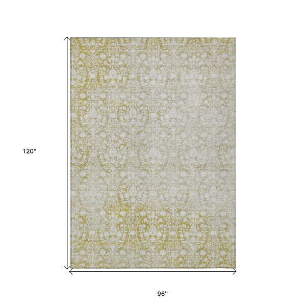 HomeRoots 5' Gold Damask Area Rug – Elegant, Durable, Machine Washable Design for Indoor and Outdoor Spaces 8' X 10' 607701