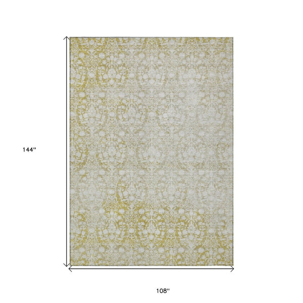 HomeRoots 5' Gold Damask Area Rug – Elegant, Durable, Machine Washable Design for Indoor and Outdoor Spaces 9' X 12' 607702