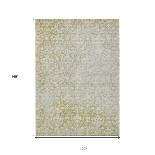 HomeRoots 5' Gold Damask Area Rug – Elegant, Durable, Machine Washable Design for Indoor and Outdoor Spaces 10' X 14' 607703