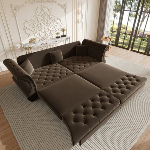 English Elm 97.6" Oversized Velvet Chesterfield Sleeper Sofa Floral Tufted Roll Arm Living Room Couch Brown W1885S00399
