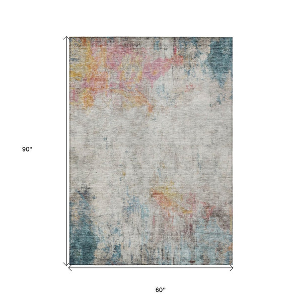 HomeRoots 5' Teal Blue Abstract Area Rug - Washable Indoor/Outdoor Design for High-Traffic Spaces and Style 5' X 8' 607729