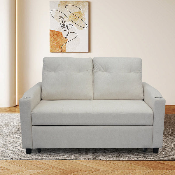 English Elm 1 Versatile Foldable Sofa Bed in Beige Velvet – 3-Length Convertible Pull-Out with USB, Storage, Swivel Phone Stand and Ashtray W1183S00014