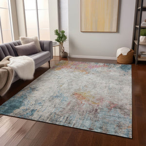 HomeRoots 9' X 12' Teal Blue Abstract Area Rug - Washable, Durable, Indoor/Outdoor for Modern Living Spaces 607732