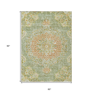 HomeRoots 5' Artichoke Green Floral Medallion Area Rug - Durable, Washable, Stylish for Indoor & Outdoor Use 5' X 8' 607831