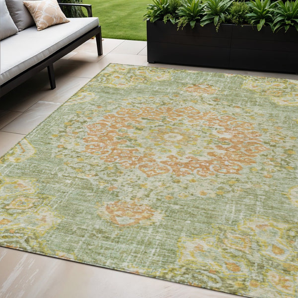HomeRoots 5' Artichoke Green Floral Medallion Area Rug - Durable, Washable, Stylish for Indoor & Outdoor Use 5' X 8' 607831
