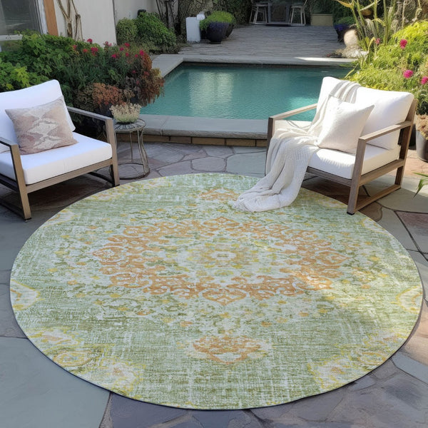 HomeRoots 5' Artichoke Green Floral Medallion Area Rug - Durable, Washable, Stylish for Indoor & Outdoor Use 8' Round 607832