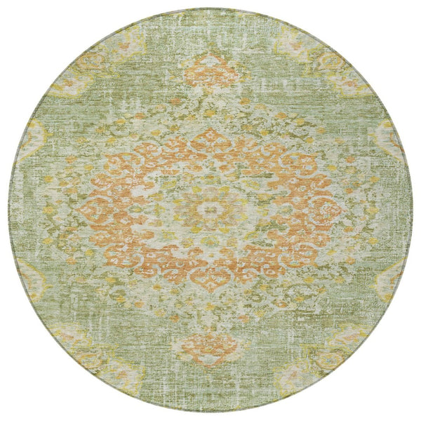HomeRoots 5' Artichoke Green Floral Medallion Area Rug - Durable, Washable, Stylish for Indoor & Outdoor Use 8' Round 607832