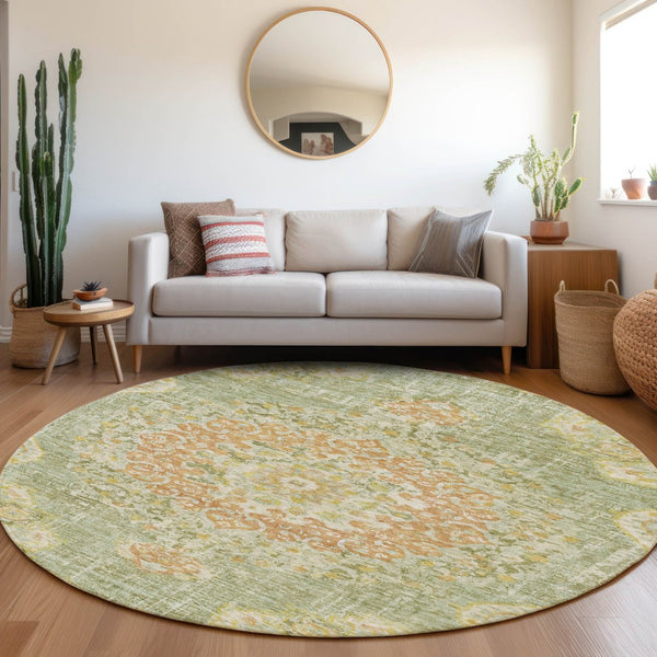 HomeRoots 5' Artichoke Green Floral Medallion Area Rug - Durable, Washable, Stylish for Indoor & Outdoor Use 8' Round 607832