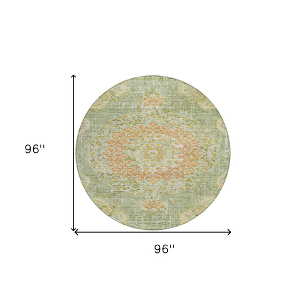 HomeRoots 5' Artichoke Green Floral Medallion Area Rug - Durable, Washable, Stylish for Indoor & Outdoor Use 8' Round 607832