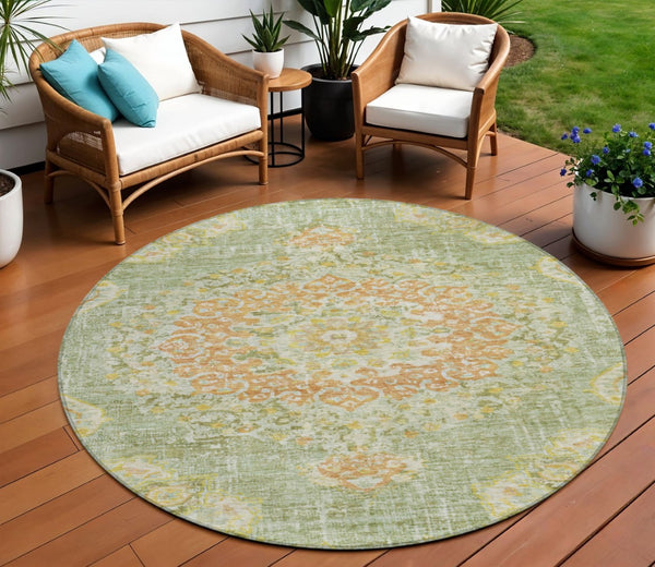 HomeRoots 5' Artichoke Green Floral Medallion Area Rug - Durable, Washable, Stylish for Indoor & Outdoor Use 8' Round 607832