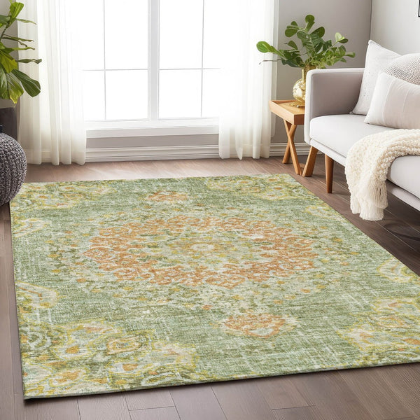 HomeRoots 5' Artichoke Green Floral Medallion Area Rug - Durable, Washable, Stylish for Indoor & Outdoor Use 8' X 10' 607833