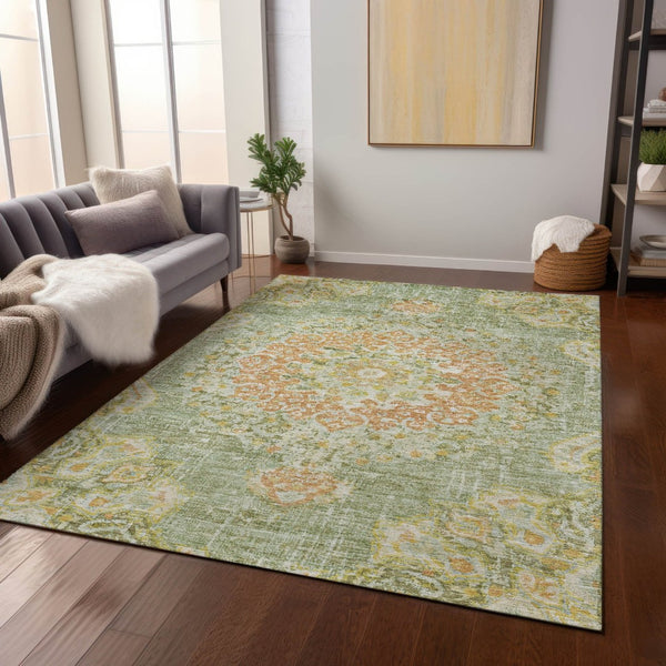 HomeRoots 5' Artichoke Green Floral Medallion Area Rug - Durable, Washable, Stylish for Indoor & Outdoor Use 9' X 12' 607834
