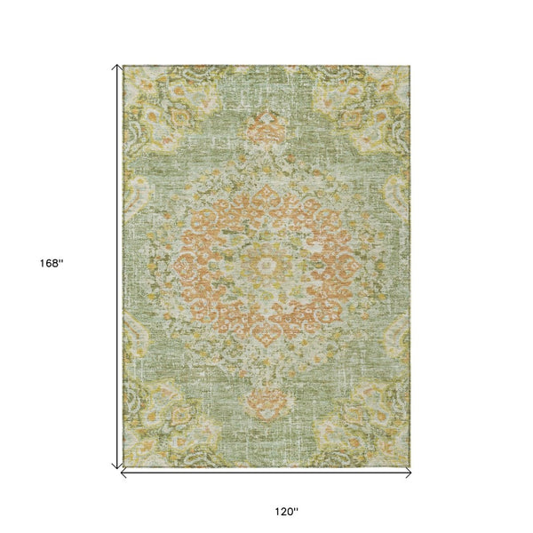 HomeRoots 5' Artichoke Green Floral Medallion Area Rug - Durable, Washable, Stylish for Indoor & Outdoor Use 10' X 14' 607835