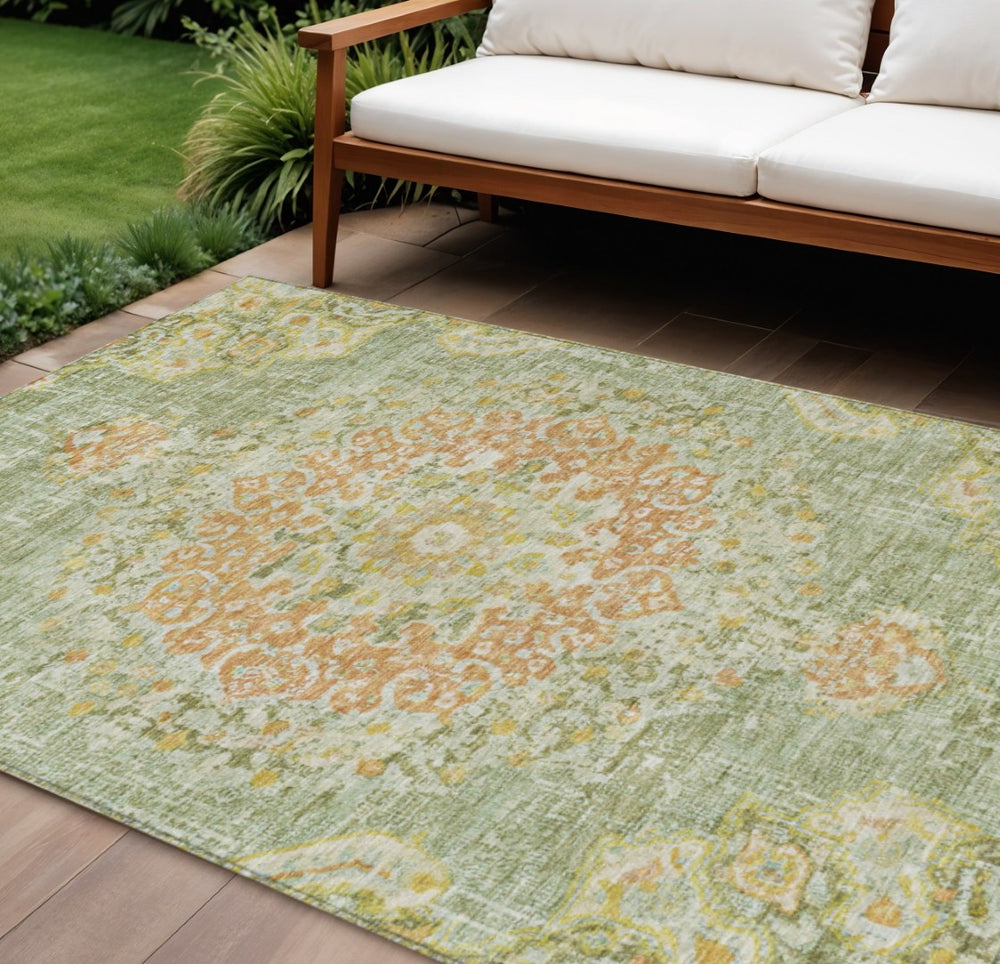HomeRoots 5' Artichoke Green Floral Medallion Area Rug - Durable, Washable, Stylish for Indoor & Outdoor Use 10' X 14' 607835