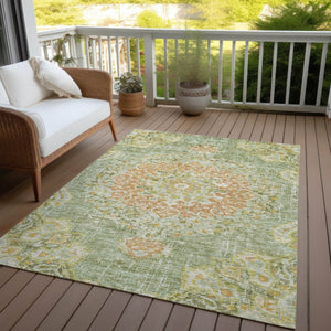 HomeRoots 5' Artichoke Green Floral Medallion Area Rug - Durable, Washable, Stylish for Indoor & Outdoor Use 10' X 14' 607835