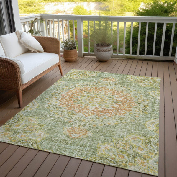 HomeRoots 5' Artichoke Green Floral Medallion Area Rug - Durable, Washable, Stylish for Indoor & Outdoor Use 10' X 14' 607835