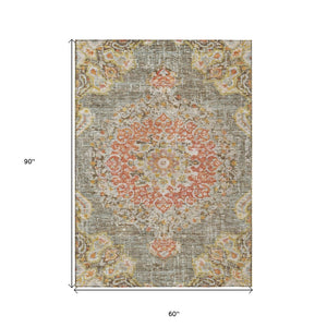 HomeRoots 5' Brown Floral Medallion Area Rug - Durable, Washable Indoor/Outdoor Rug for Elegant Spaces 5' X 8' 607837