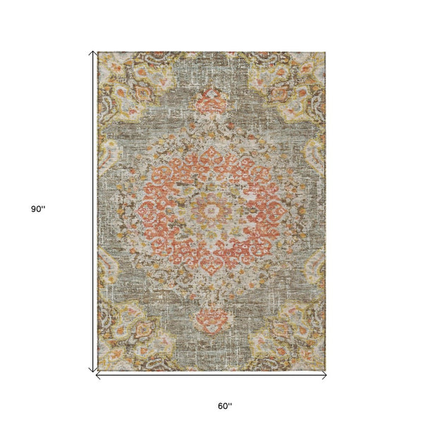 HomeRoots 5' Brown Floral Medallion Area Rug - Durable, Washable Indoor/Outdoor Rug for Elegant Spaces 5' X 8' 607837