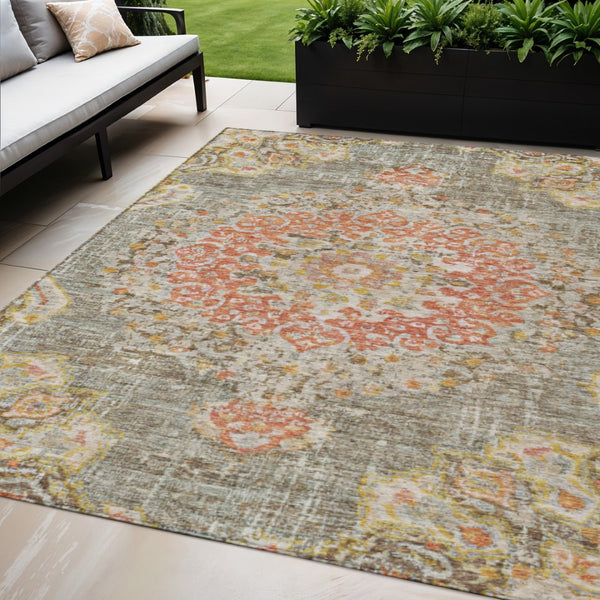 HomeRoots 5' Brown Floral Medallion Area Rug - Durable, Washable Indoor/Outdoor Rug for Elegant Spaces 5' X 8' 607837