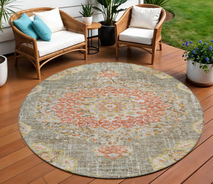 HomeRoots 5' Brown Floral Medallion Area Rug - Durable, Washable Indoor/Outdoor Rug for Elegant Spaces 8' Round 607838