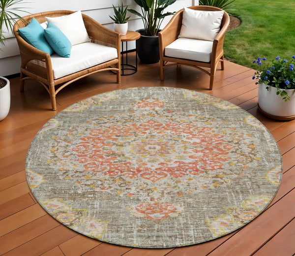 HomeRoots 5' Brown Floral Medallion Area Rug - Durable, Washable Indoor/Outdoor Rug for Elegant Spaces 8' Round 607838