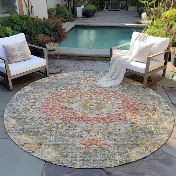 HomeRoots 5' Brown Floral Medallion Area Rug - Durable, Washable Indoor/Outdoor Rug for Elegant Spaces 8' Round 607838