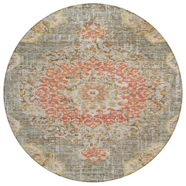 HomeRoots 5' Brown Floral Medallion Area Rug - Durable, Washable Indoor/Outdoor Rug for Elegant Spaces 8' Round 607838