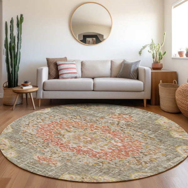HomeRoots 5' Brown Floral Medallion Area Rug - Durable, Washable Indoor/Outdoor Rug for Elegant Spaces 8' Round 607838