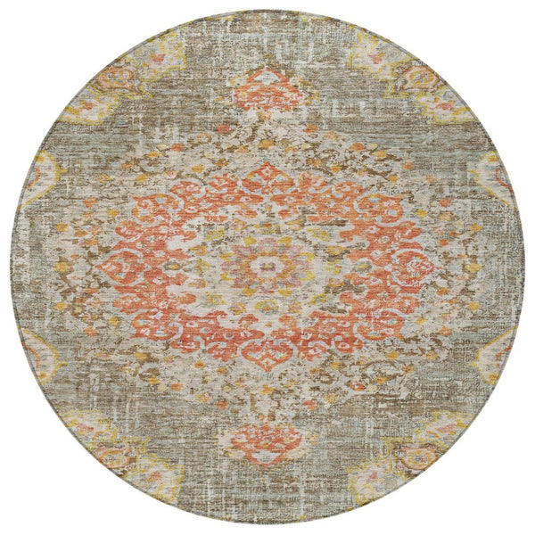 HomeRoots 5' Brown Floral Medallion Area Rug - Durable, Washable Indoor/Outdoor Rug for Elegant Spaces 8' Round 607838