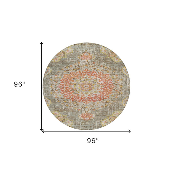 HomeRoots 5' Brown Floral Medallion Area Rug - Durable, Washable Indoor/Outdoor Rug for Elegant Spaces 8' Round 607838