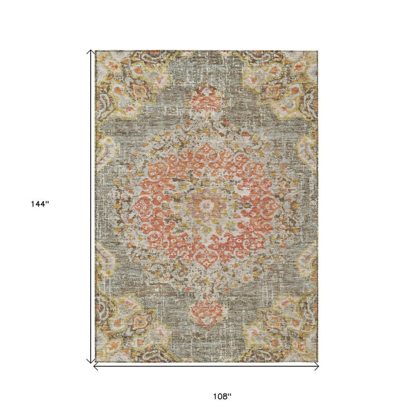 HomeRoots 5' Brown Floral Medallion Area Rug - Durable, Washable Indoor/Outdoor Rug for Elegant Spaces 9' X 12' 607840