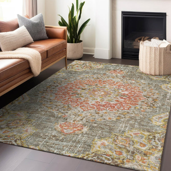 HomeRoots 5' Brown Floral Medallion Area Rug - Durable, Washable Indoor/Outdoor Rug for Elegant Spaces 10' X 14' 607841