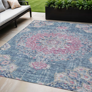 HomeRoots 5' Blue Floral Medallion Area Rug - Stylish, Washable, Indoor/Outdoor, Durable & Easy Care for Any Space 5' X 8' 607843