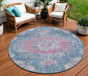 HomeRoots 5' Blue Floral Medallion Area Rug - Stylish, Washable, Indoor/Outdoor, Durable & Easy Care for Any Space 8' Round 607844