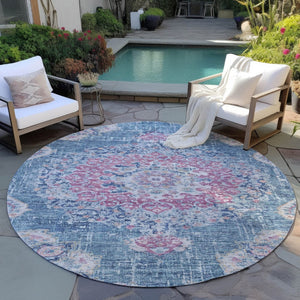 HomeRoots 5' Blue Floral Medallion Area Rug - Stylish, Washable, Indoor/Outdoor, Durable & Easy Care for Any Space 8' Round 607844