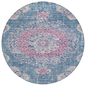 HomeRoots 5' Blue Floral Medallion Area Rug - Stylish, Washable, Indoor/Outdoor, Durable & Easy Care for Any Space 8' Round 607844